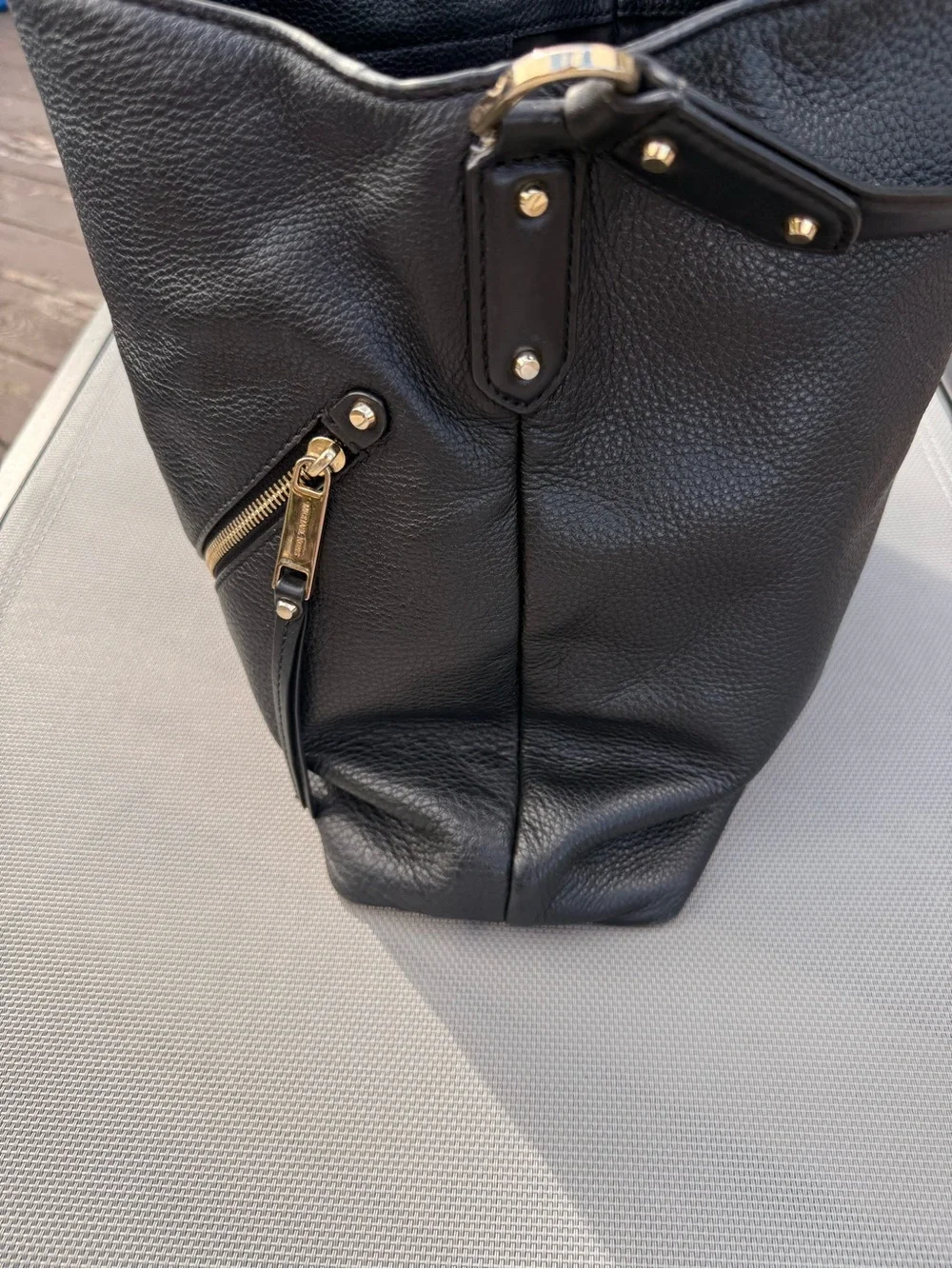 Michael Kors Evie Large Black Leather Hobo Bag with Gold Hardware